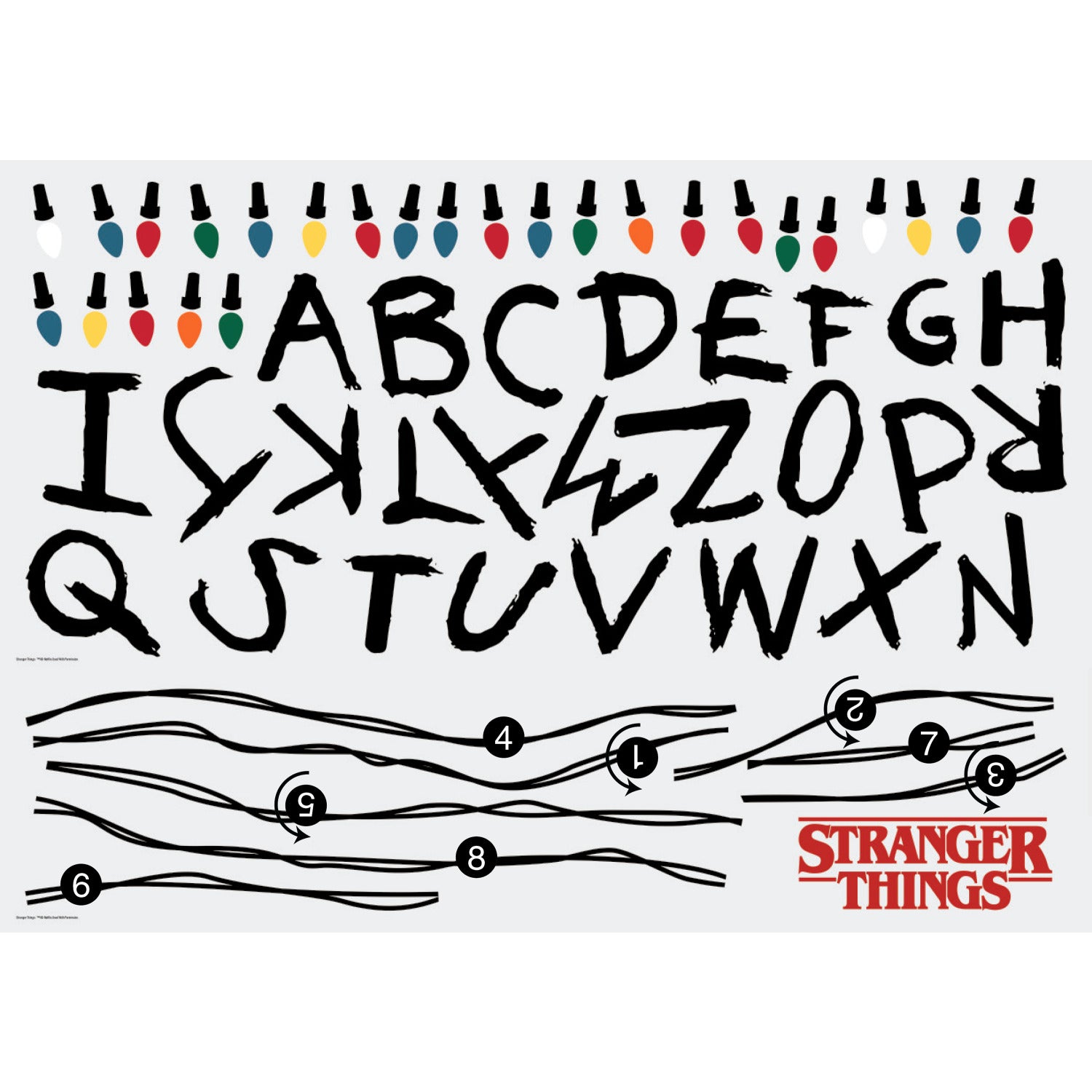 The WallPops Netflix Stranger Things Christmas Lights Peel And Stick Giant Wall Decals With Alphabet features a hand-drawn alphabet arranged in three rows, each row displayed beneath a line of colorful Christmas lights and accented with circled numbers 1–8 along the lines. This rustic design, measuring 27.43 69.6 cm tall by 46.04 1.16 m wide, boasts a light gray background reminiscent of distressed barn wood for added character.