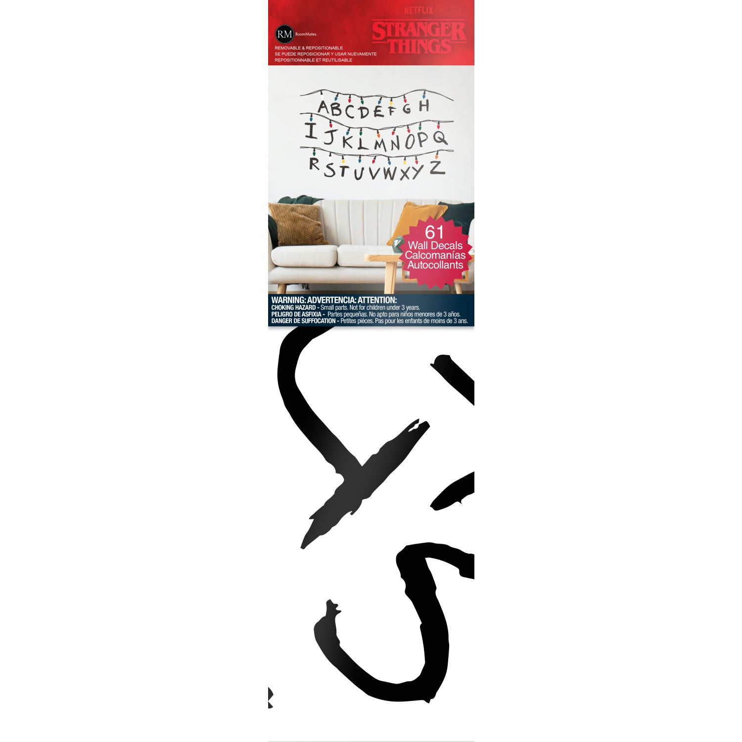 The WallPops Netflix Stranger Things Christmas Lights Peel And Stick Giant Wall Decals With Alphabet features a hand-drawn alphabet arranged in three rows, each row displayed beneath a line of colorful Christmas lights and accented with circled numbers 1–8 along the lines. This rustic design, measuring 27.43 69.6 cm tall by 46.04 1.16 m wide, boasts a light gray background reminiscent of distressed barn wood for added character.