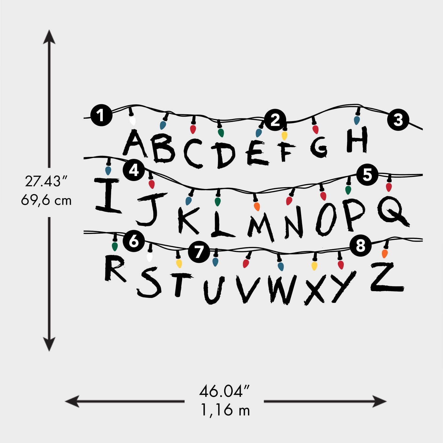The WallPops Netflix Stranger Things Christmas Lights Peel And Stick Giant Wall Decals With Alphabet features a hand-drawn alphabet arranged in three rows, each row displayed beneath a line of colorful Christmas lights and accented with circled numbers 1–8 along the lines. This rustic design, measuring 27.43 69.6 cm tall by 46.04 1.16 m wide, boasts a light gray background reminiscent of distressed barn wood for added character.