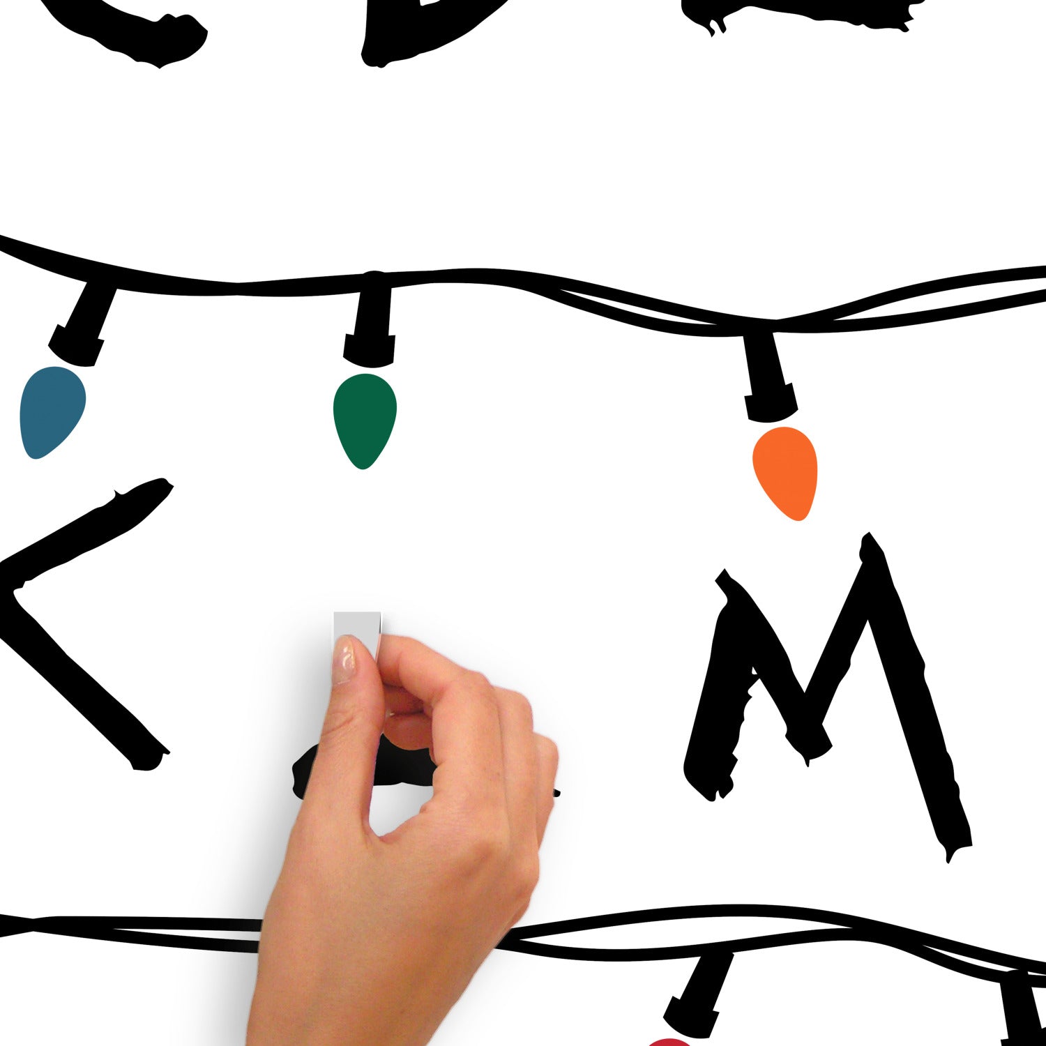 The WallPops Netflix Stranger Things Christmas Lights Peel And Stick Giant Wall Decals With Alphabet features a hand-drawn alphabet arranged in three rows, each row displayed beneath a line of colorful Christmas lights and accented with circled numbers 1–8 along the lines. This rustic design, measuring 27.43 69.6 cm tall by 46.04 1.16 m wide, boasts a light gray background reminiscent of distressed barn wood for added character.