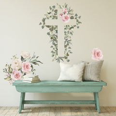 Watercolor Floral Cross Giant Wall Decals in a room setting