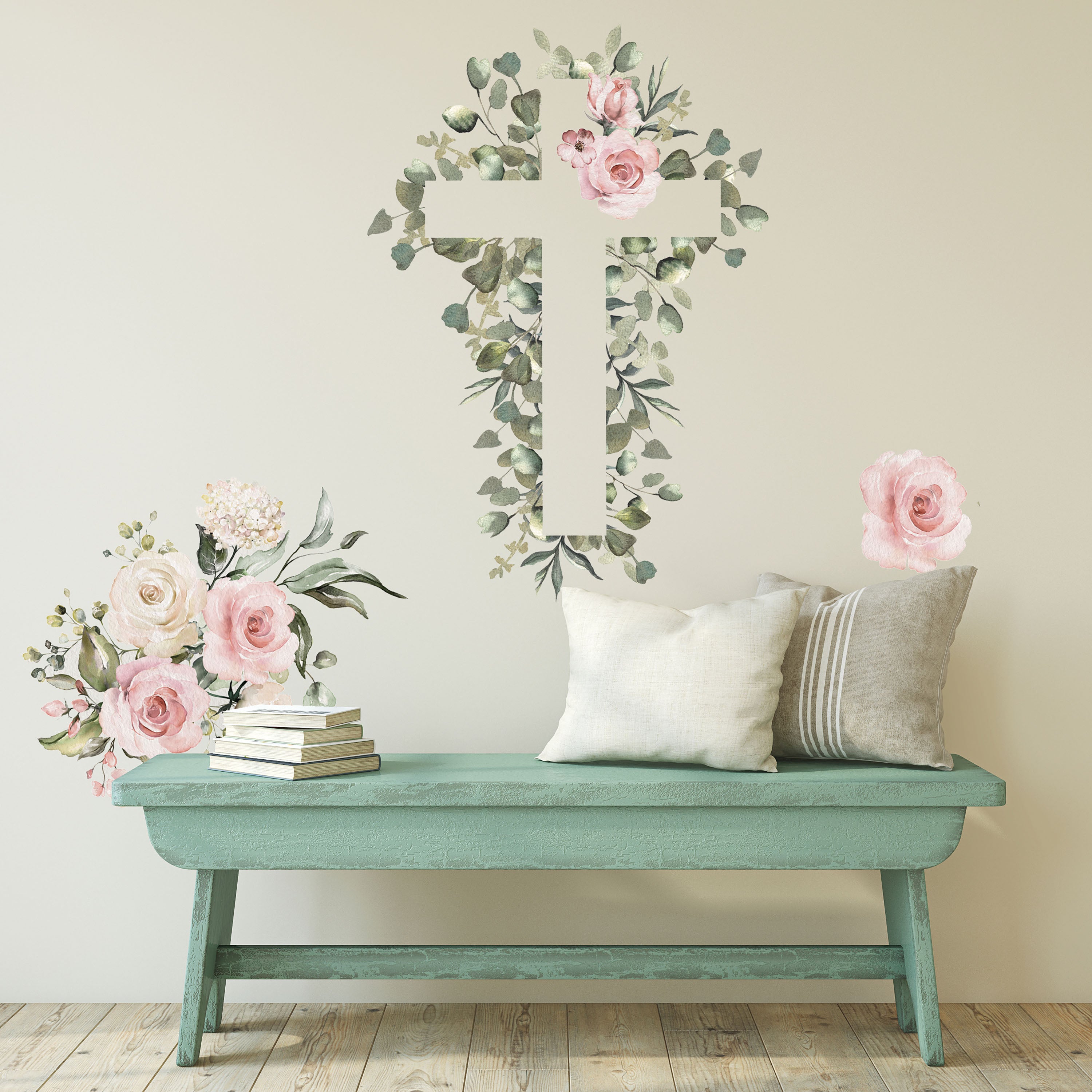 Watercolor Floral Cross Giant Wall Decals in a room setting