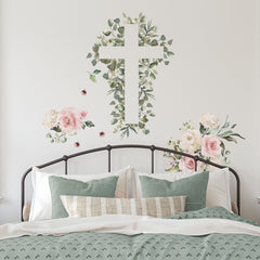 Watercolor Floral Cross Giant Wall Decals in a room setting