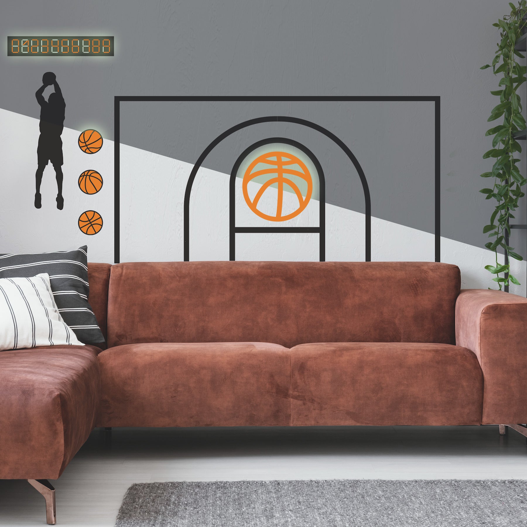 Basketball Court XL Giant Wall Decals With Glow in a room setting