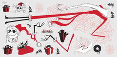 Giant Disney Tim Burtons The Nightmare Before Christmas Holiday Wall Decals by WallPops, featuring Jack Skellington, Zero, bats, spider webs, skulls, and presents, decorate the living room wall above a couch adorned with tree pillows. Rustic barn wood accents enhance the festive scene, while wrapped gifts, a lantern, and a blanket on the floor create a cozy blend of Halloween and Christmas décor.