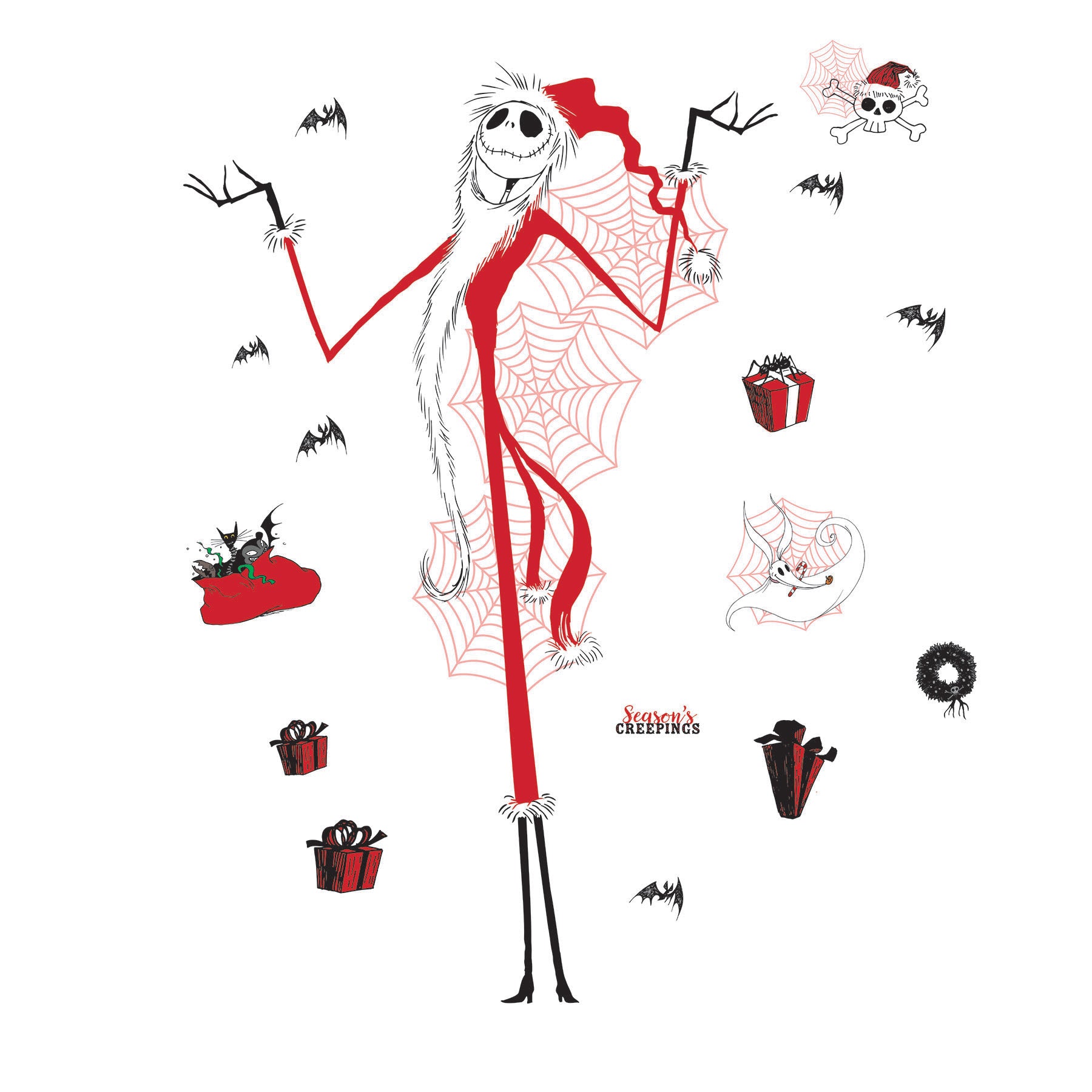 Giant Disney Tim Burtons The Nightmare Before Christmas Holiday Wall Decals by WallPops, featuring Jack Skellington, Zero, bats, spider webs, skulls, and presents, decorate the living room wall above a couch adorned with tree pillows. Rustic barn wood accents enhance the festive scene, while wrapped gifts, a lantern, and a blanket on the floor create a cozy blend of Halloween and Christmas décor.