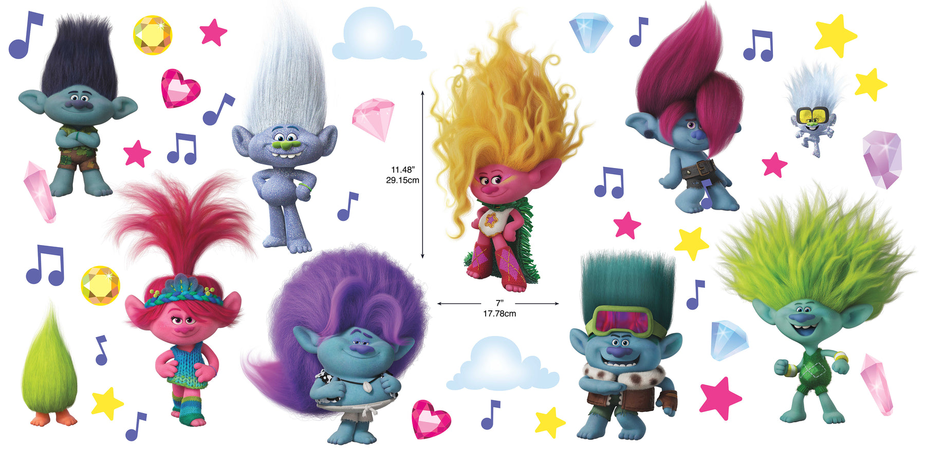 Trolls 3 Band Together Wall Decals - dimensions