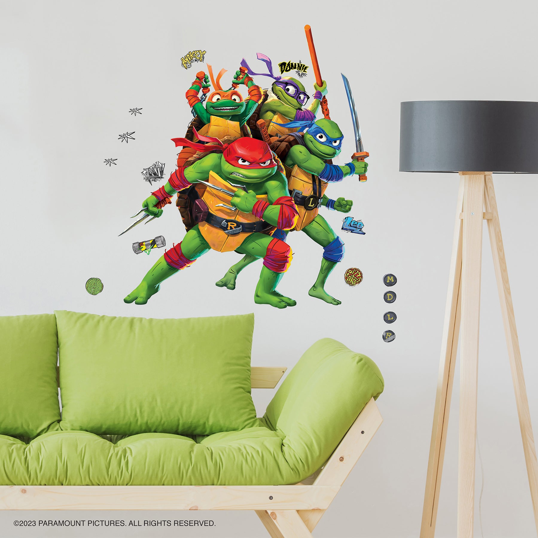 Teenage Mutant Ninja Turtles Mutant Mayhem Group Giant Wall Decals in a room setting
