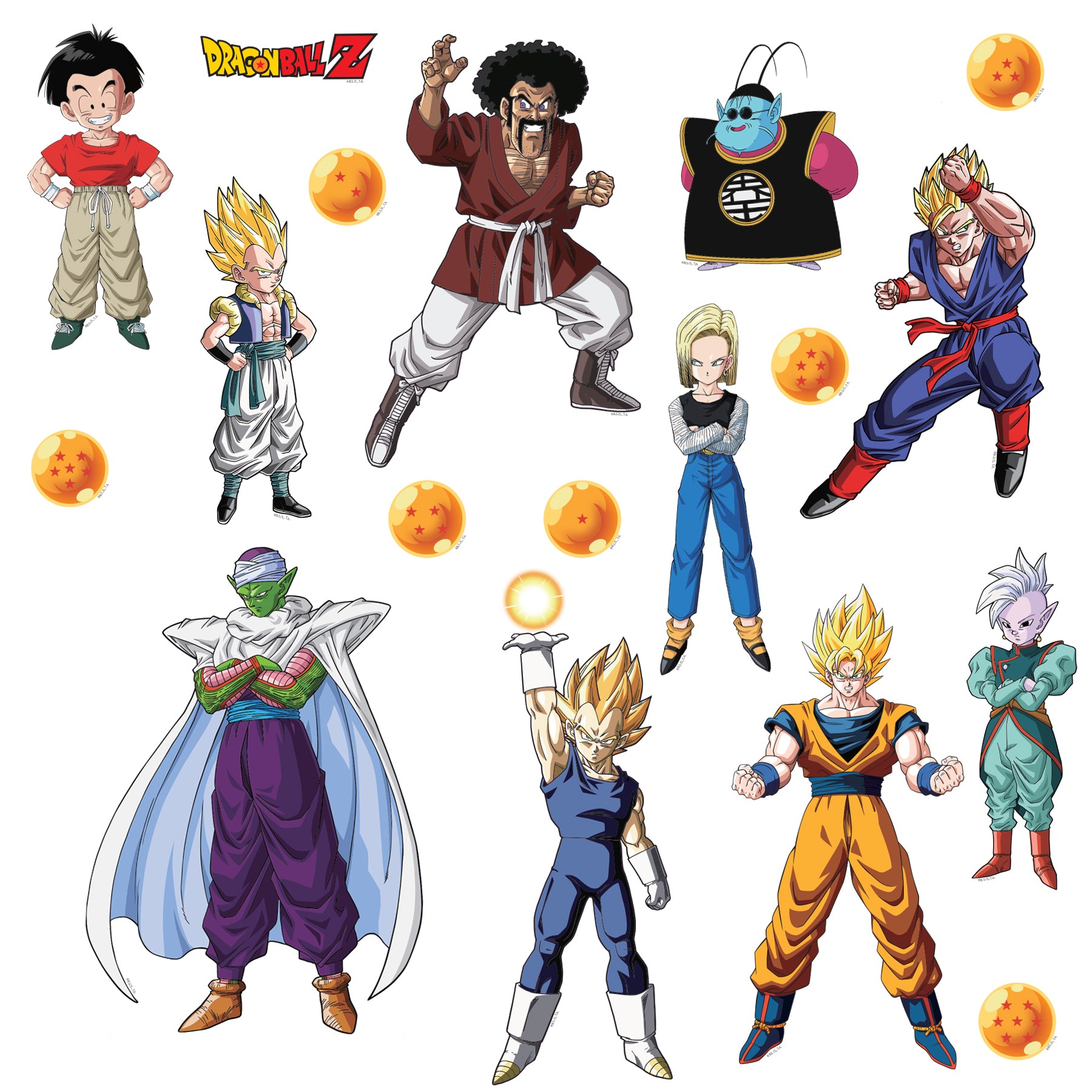 Add a dynamic touch to any room with the WallPops Dragon Ball Z Characters Wall Decals. This box includes 26 peel and stick character stickers, featuring Dragon Balls and an array of Dragon Ball Z favorites. The packaging highlights Super Saiyan Goku on the front, while smaller images showcase multiple characters and the decals displayed above a yellow chair and desk—no farmhouse flair or DIY expertise required!.