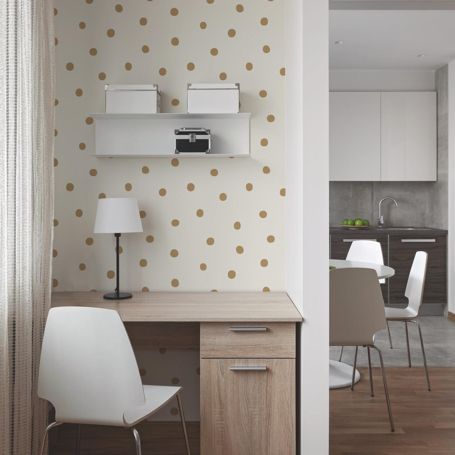Large Gold Dot Peel and Stick Wallpaper in a room setting