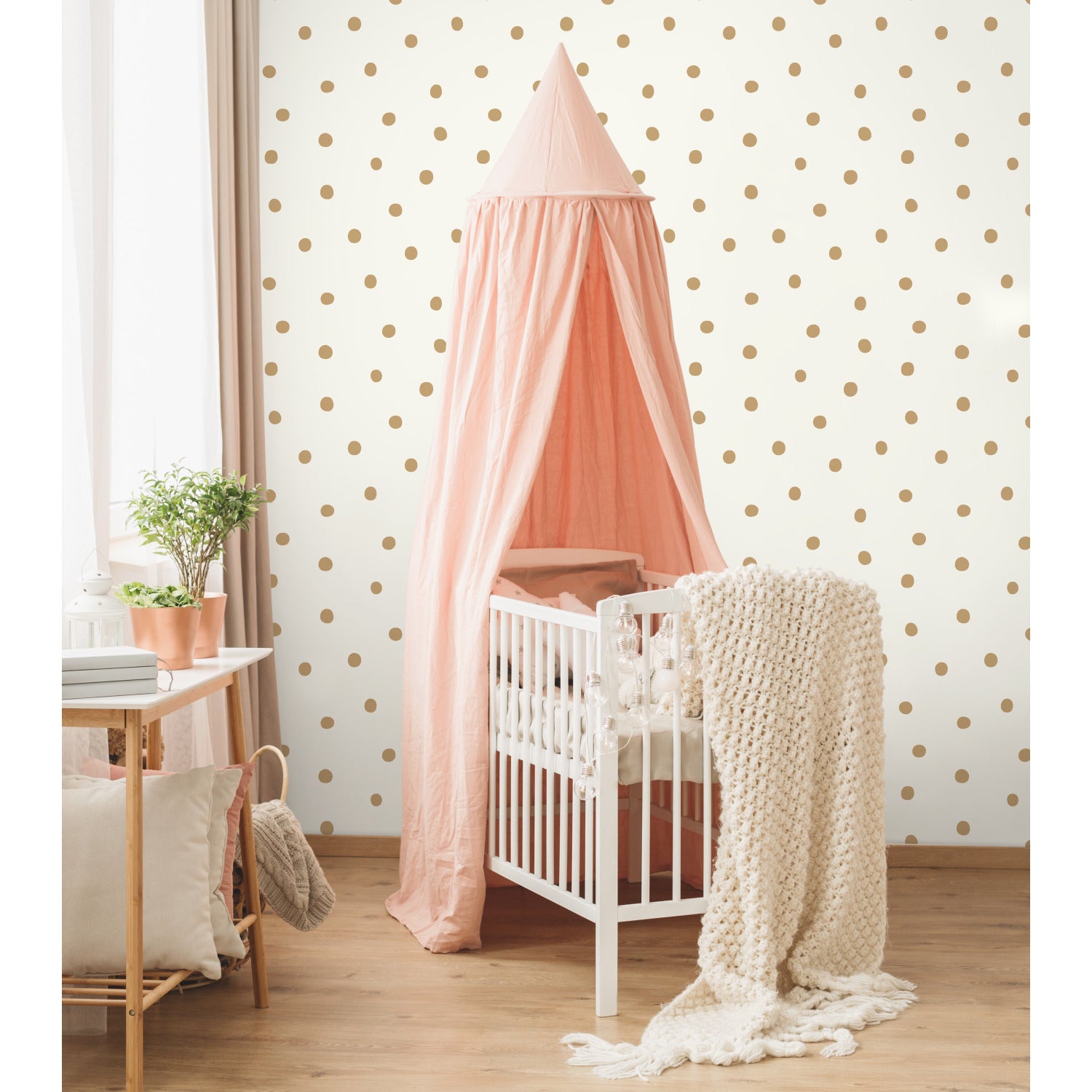 Large Gold Dot Peel and Stick Wallpaper in a room setting
