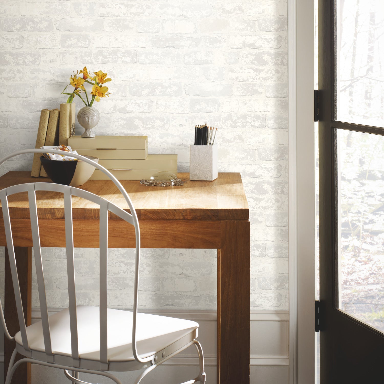 Stuccoed Brick Peel and Stick Wallpaper in a room setting