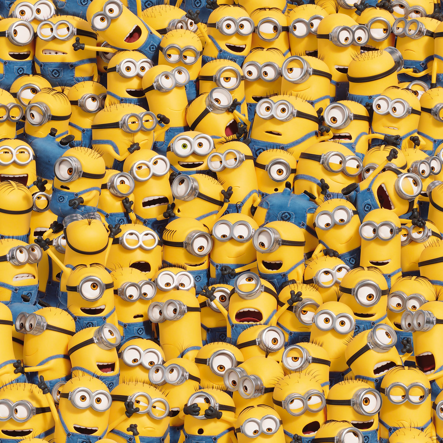 A lively scene from the Universal Studios Minions One in a Minion Peel and Stick Mural by WallPops shows a crowd of small yellow Minions—complete with goggles, blue overalls, and unique expressions—gathered closely together. Some are grinning, others appear surprised or are calling out, all adding to the playful and chaotic energy of this mural.
