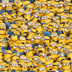 A lively scene from the Universal Studios Minions One in a Minion Peel and Stick Mural by WallPops shows a crowd of small yellow Minions—complete with goggles, blue overalls, and unique expressions—gathered closely together. Some are grinning, others appear surprised or are calling out, all adding to the playful and chaotic energy of this mural.