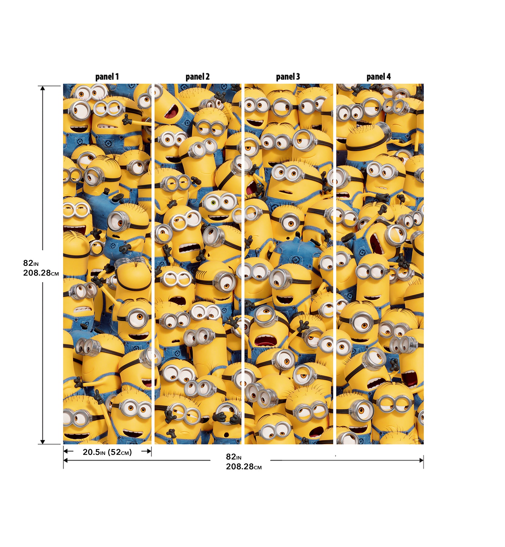 A lively scene from the Universal Studios Minions One in a Minion Peel and Stick Mural by WallPops shows a crowd of small yellow Minions—complete with goggles, blue overalls, and unique expressions—gathered closely together. Some are grinning, others appear surprised or are calling out, all adding to the playful and chaotic energy of this mural.