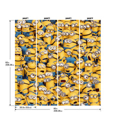 A lively scene from the Universal Studios Minions One in a Minion Peel and Stick Mural by WallPops shows a crowd of small yellow Minions—complete with goggles, blue overalls, and unique expressions—gathered closely together. Some are grinning, others appear surprised or are calling out, all adding to the playful and chaotic energy of this mural.