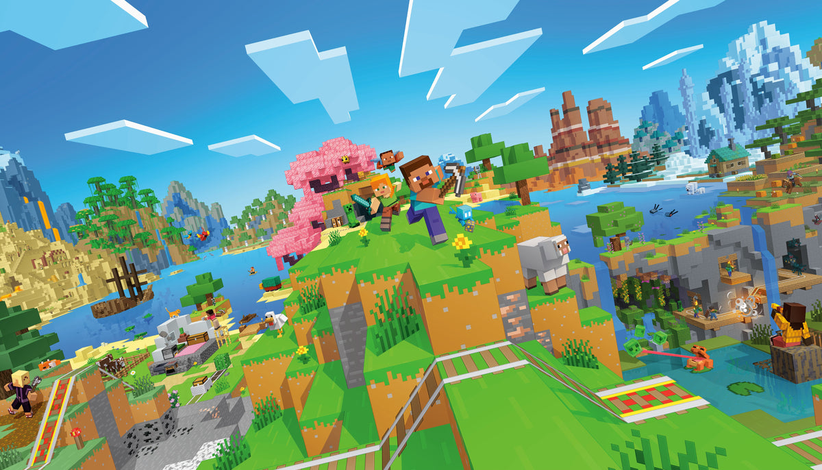 Transform any room with the Minecraft World Peel and Stick Wall Mural by WallPops. Divided into 7 labeled panels, this colorful mural features iconic Minecraft scenery—mountains, rivers, trees, rails, animals, and adventurous blocky characters set beneath a bright blue sky. Measuring 6 feet high by 10.5 feet wide with each panel 18 inches wide, this easy-to-install peel and stick mural is the perfect bold Minecraft décor upgrade for your space.