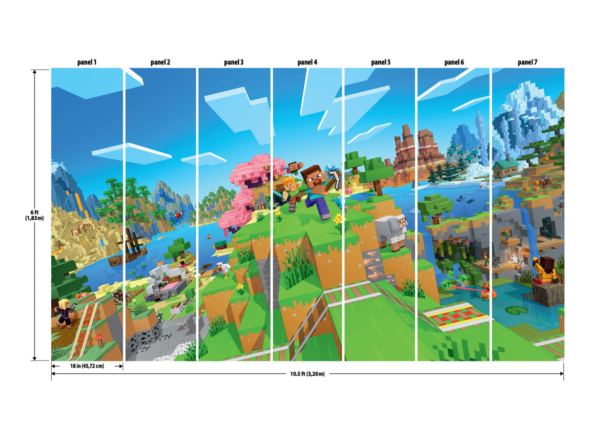 Transform any room with the Minecraft World Peel and Stick Wall Mural by WallPops. Divided into 7 labeled panels, this colorful mural features iconic Minecraft scenery—mountains, rivers, trees, rails, animals, and adventurous blocky characters set beneath a bright blue sky. Measuring 6 feet high by 10.5 feet wide with each panel 18 inches wide, this easy-to-install peel and stick mural is the perfect bold Minecraft décor upgrade for your space.
