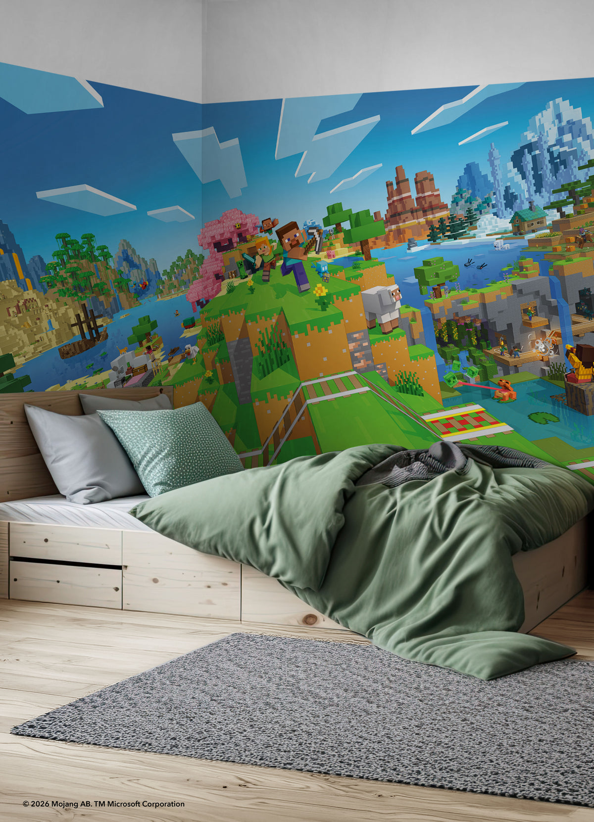 Transform any room with the Minecraft World Peel and Stick Wall Mural by WallPops. Divided into 7 labeled panels, this colorful mural features iconic Minecraft scenery—mountains, rivers, trees, rails, animals, and adventurous blocky characters set beneath a bright blue sky. Measuring 6 feet high by 10.5 feet wide with each panel 18 inches wide, this easy-to-install peel and stick mural is the perfect bold Minecraft décor upgrade for your space.