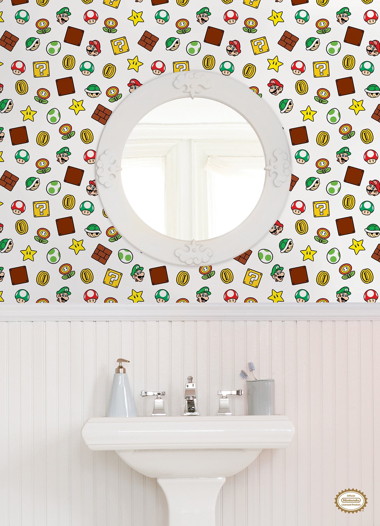 Nintendo Super Mario Power Up Icons P&S Wallpaper in a room setting