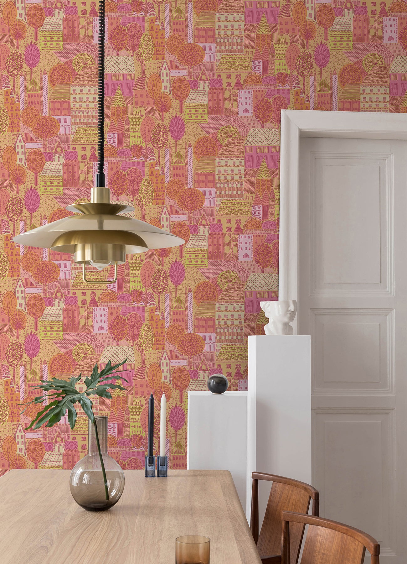Charming Village Pink & Orange Peel and Stick Wallpaper in a room setting