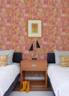 Charming Village Pink & Orange Peel and Stick Wallpaper in a room setting