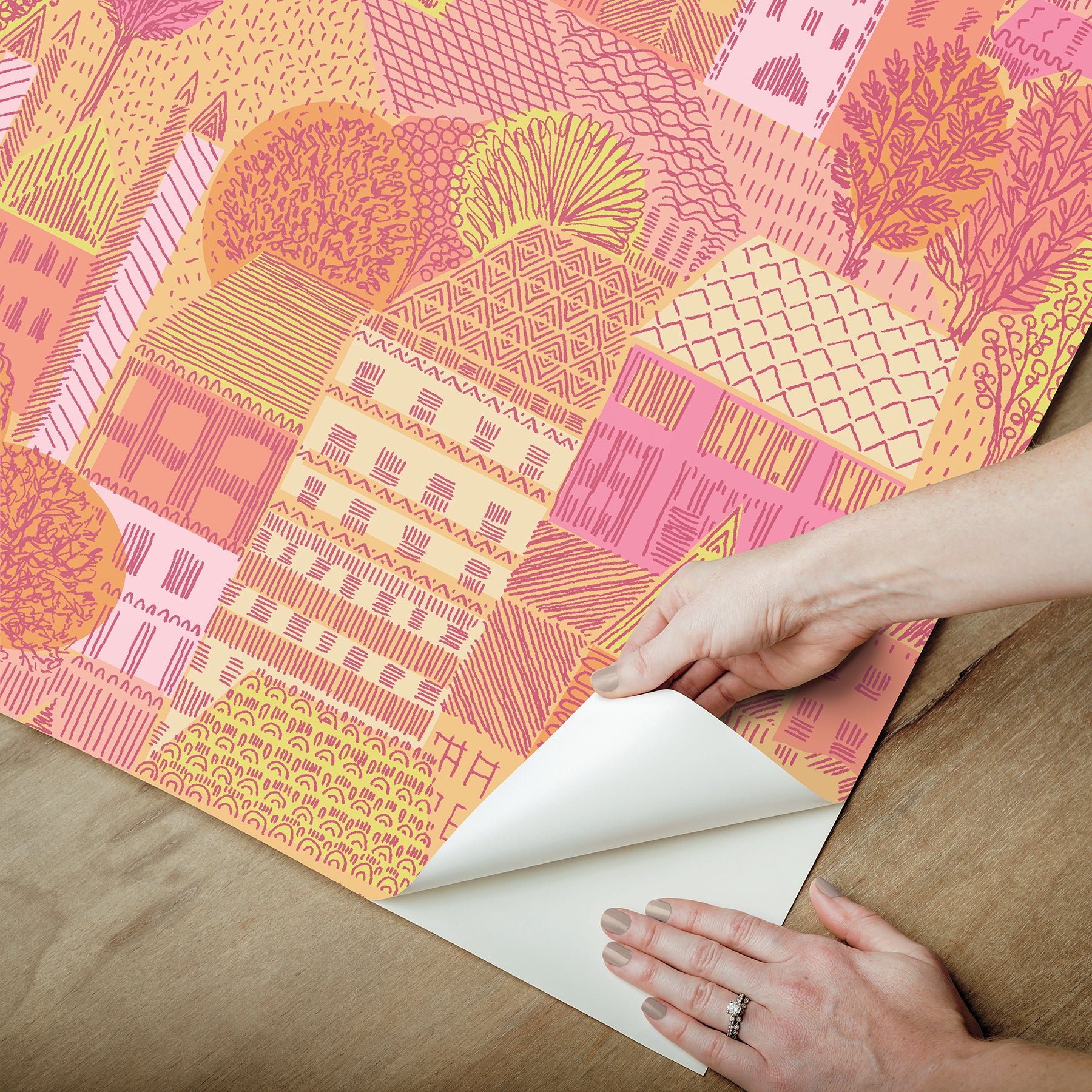 Charming Village Pink & Orange Peel and Stick Wallpaper - how to peel