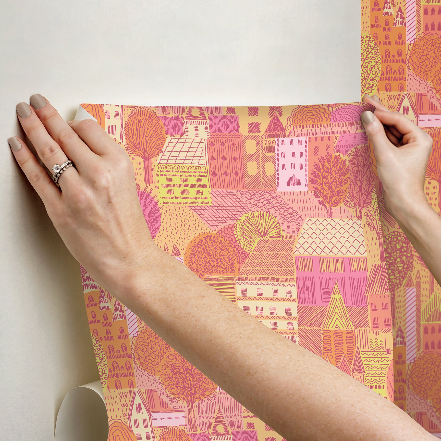 Charming Village Pink & Orange Peel and Stick Wallpaper - how to stick