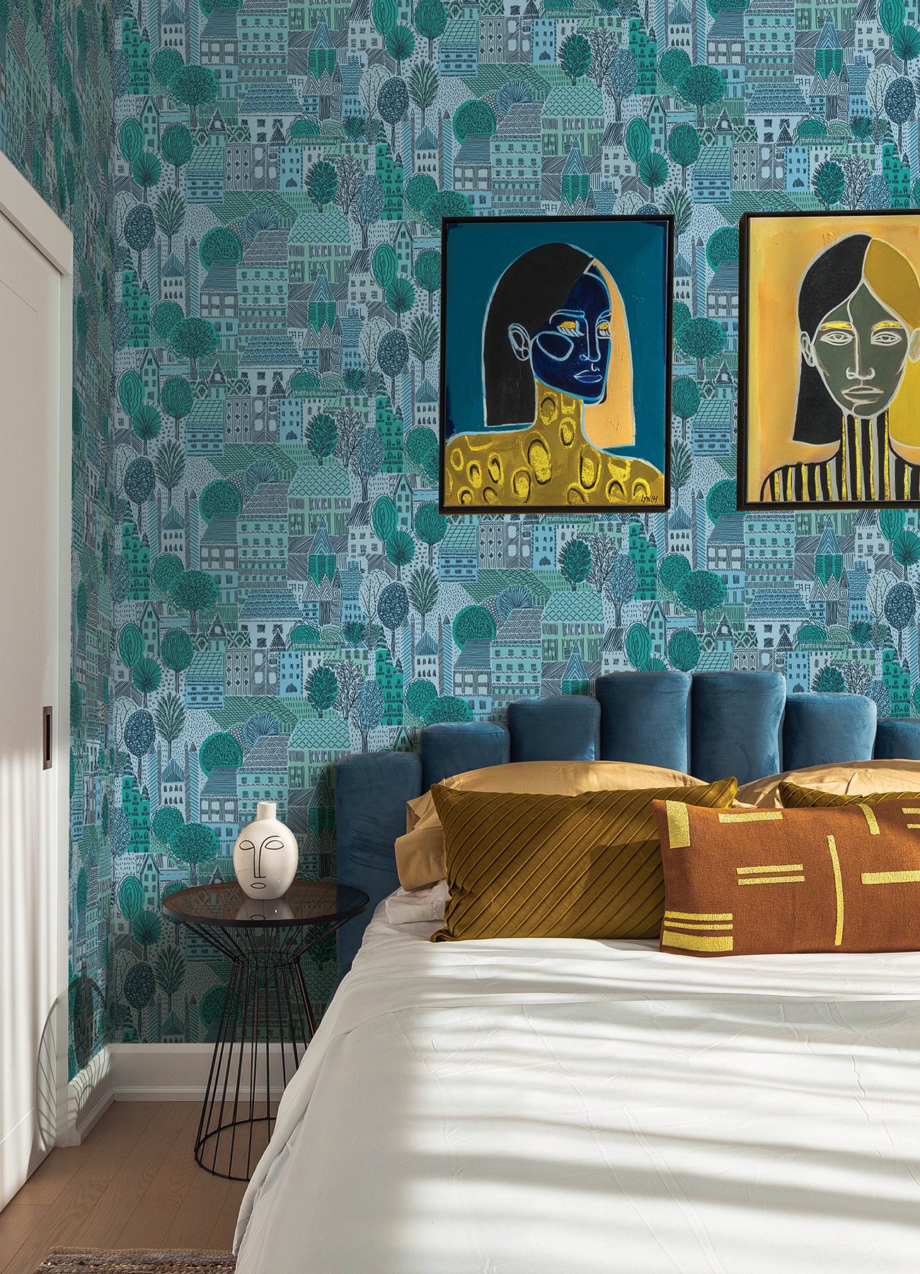 Charming Village Blue Peel and Stick Wallpaper in a room setting