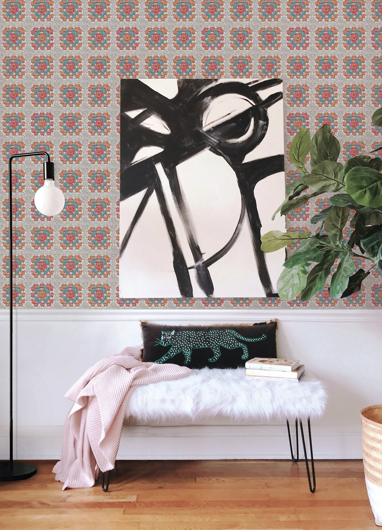 Granny Square Cream & Pink Peel and Stick Wallpaper in a room setting