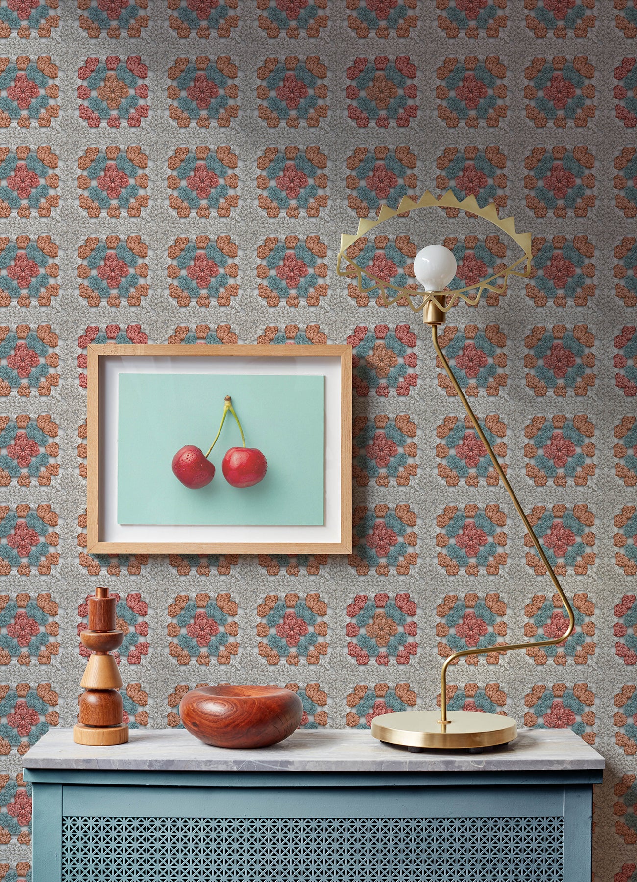 Granny Square Cream & Pink Peel and Stick Wallpaper in a room setting