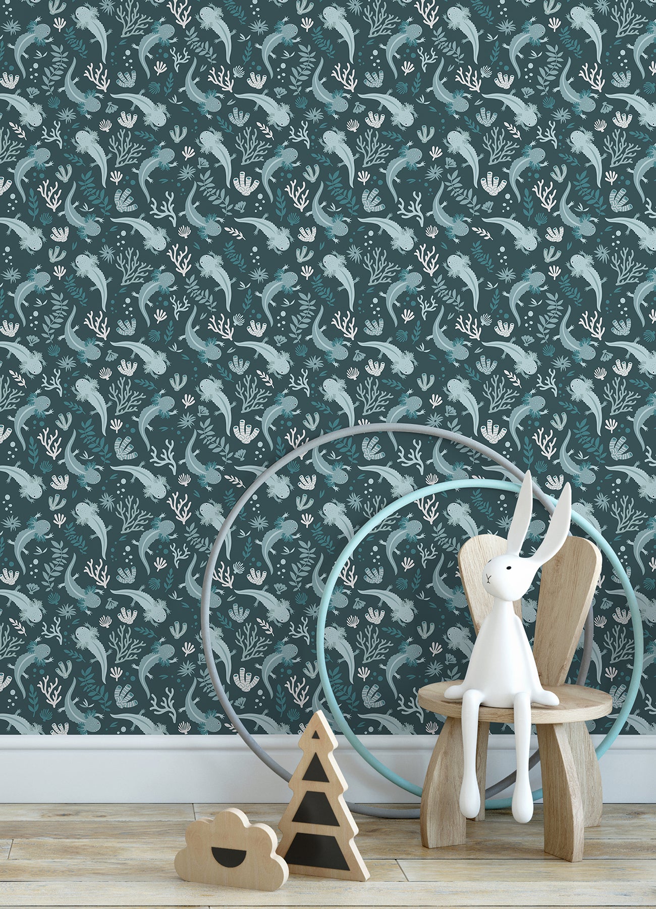 Axolotl Underwater Garden Peel and Stick Wallpaper in a room setting