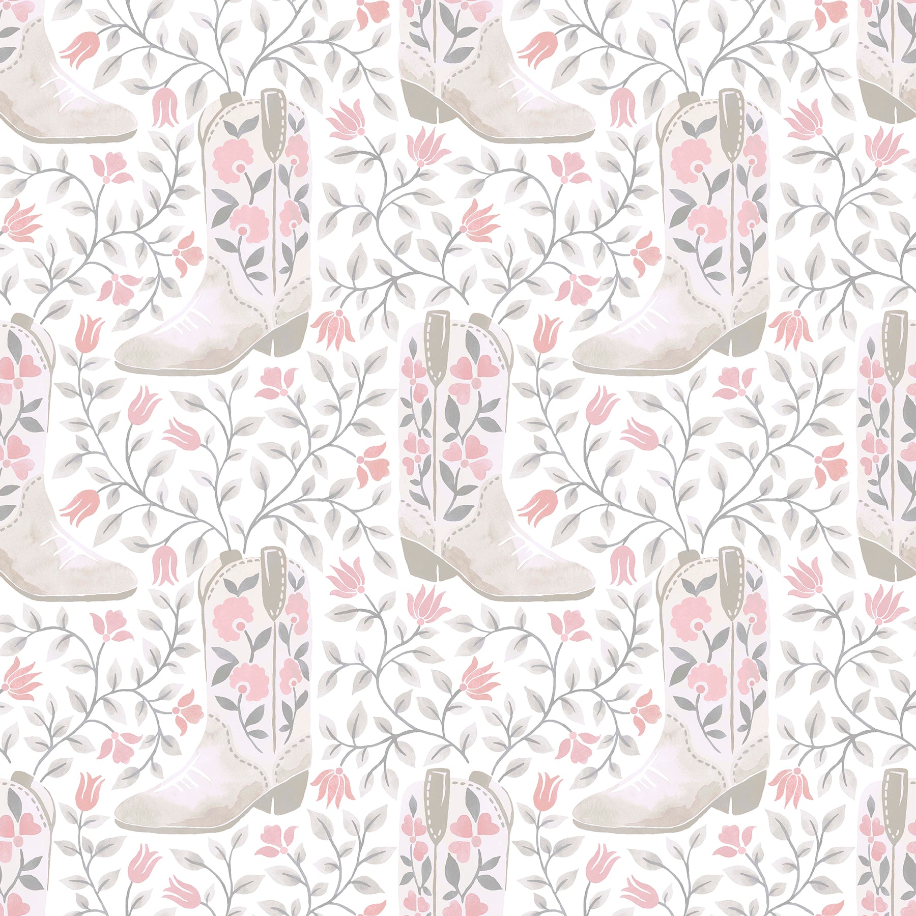 Introducing the Cowgirl Like Me Peel and Stick Wallpaper by WallPops—this seamless wallpaper showcases pale beige cowboy boots accented with delicate floral motifs, all arranged against a light backdrop interwoven with winding leafy vines and dainty blossoms. The soft, muted illustration style lends a subtle vintage charm, making it the ideal choice for anyone seeking adorable cowgirl-inspired décor.