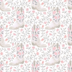 Introducing the Cowgirl Like Me Peel and Stick Wallpaper by WallPops—this seamless wallpaper showcases pale beige cowboy boots accented with delicate floral motifs, all arranged against a light backdrop interwoven with winding leafy vines and dainty blossoms. The soft, muted illustration style lends a subtle vintage charm, making it the ideal choice for anyone seeking adorable cowgirl-inspired décor.