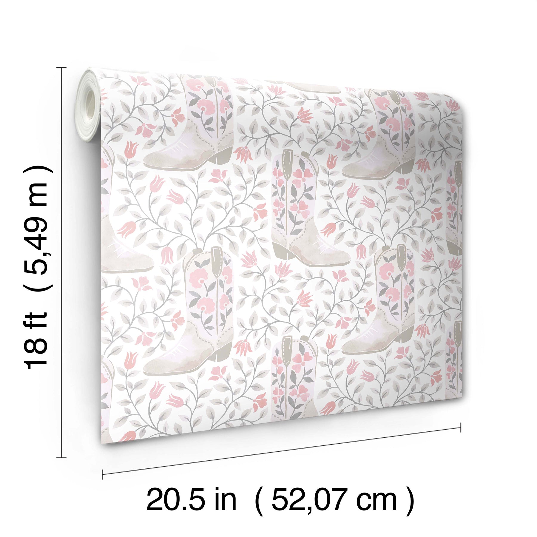 Introducing the Cowgirl Like Me Peel and Stick Wallpaper by WallPops—this seamless wallpaper showcases pale beige cowboy boots accented with delicate floral motifs, all arranged against a light backdrop interwoven with winding leafy vines and dainty blossoms. The soft, muted illustration style lends a subtle vintage charm, making it the ideal choice for anyone seeking adorable cowgirl-inspired décor.