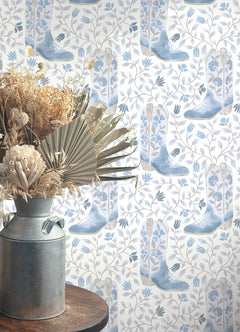 Cowgirl Like Me Blue Peel and Stick Wallpaper in a room setting