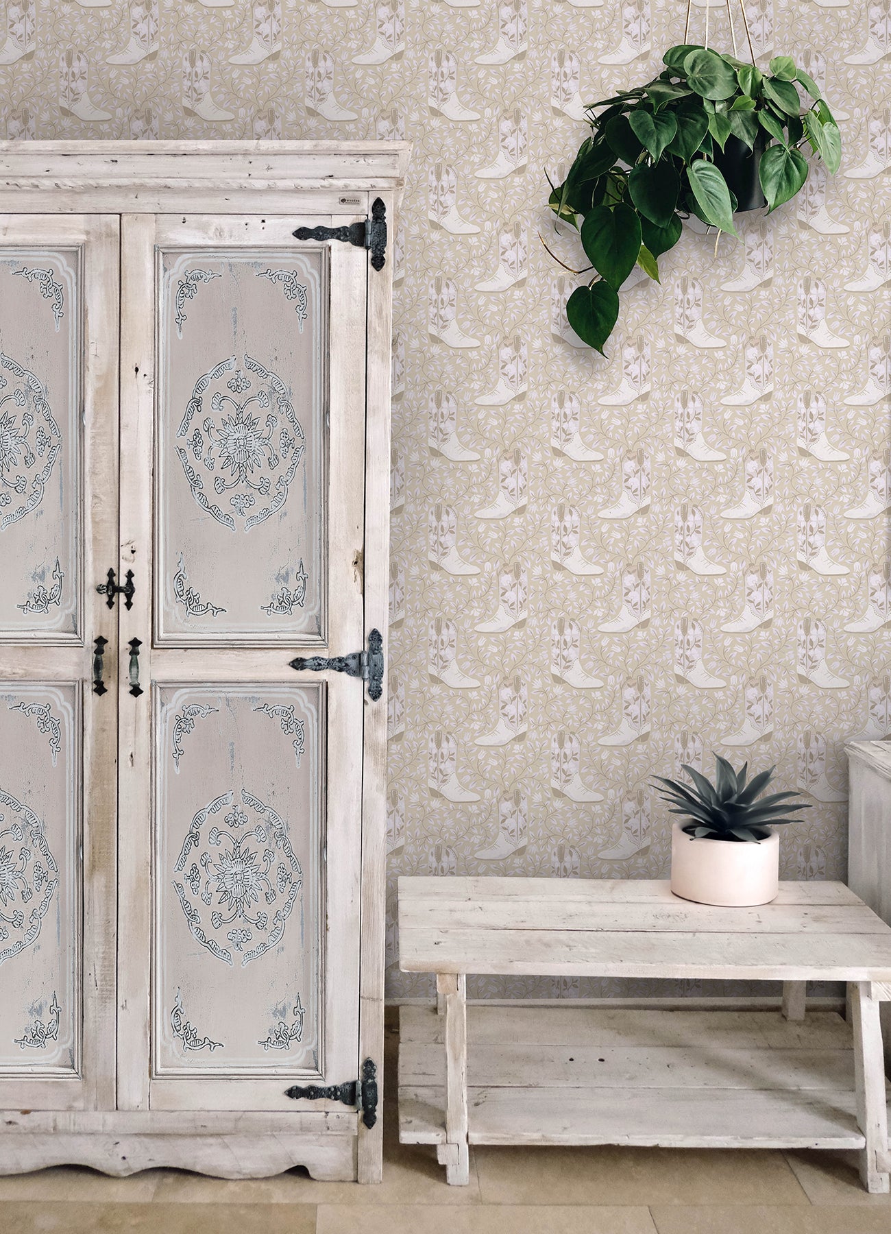 Cowgirl Like Me Beige Peel and Stick Wallpaper in a room setting