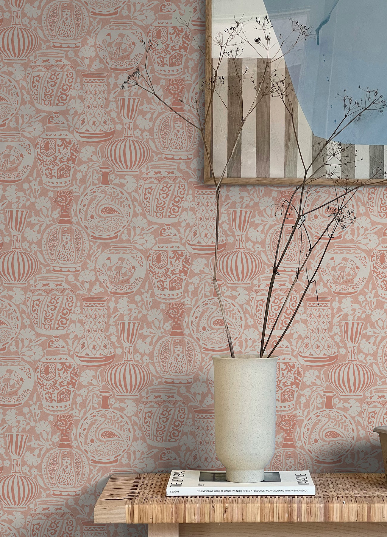 Delft Pottery Peach Peel and Stick Wallpaper in a room setting