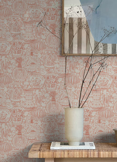 Delft Pottery Peach Peel and Stick Wallpaper in a room setting