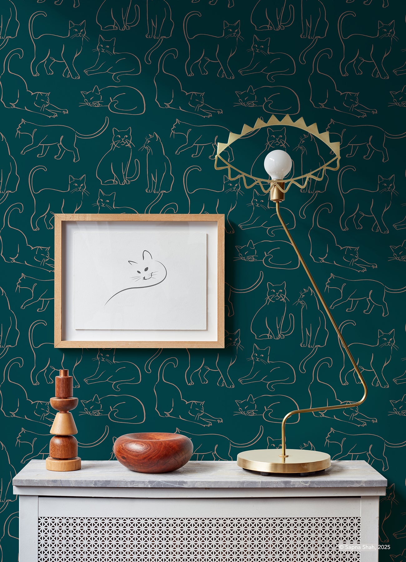 Cat Poses Emerald Peel and Stick Wallpaper in a room setting