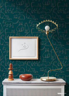 Cat Poses Emerald Peel and Stick Wallpaper in a room setting