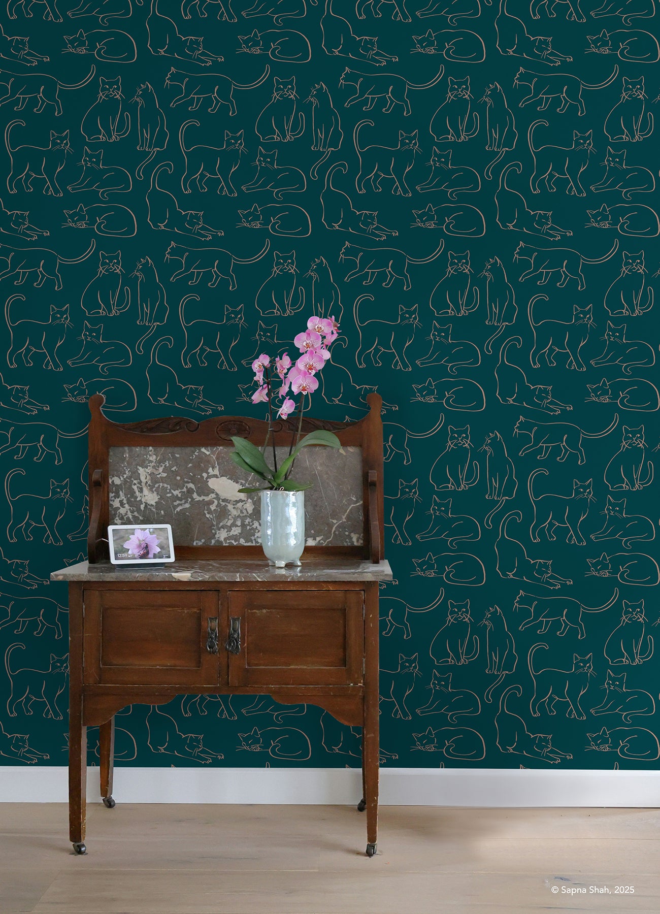 Cat Poses Emerald Peel and Stick Wallpaper in a room setting