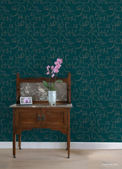 Cat Poses Emerald Peel and Stick Wallpaper in a room setting