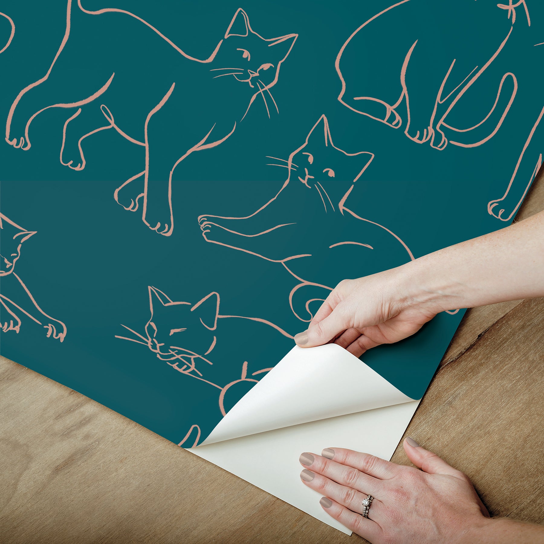 Cat Poses Emerald Peel and Stick Wallpaper - how to peel