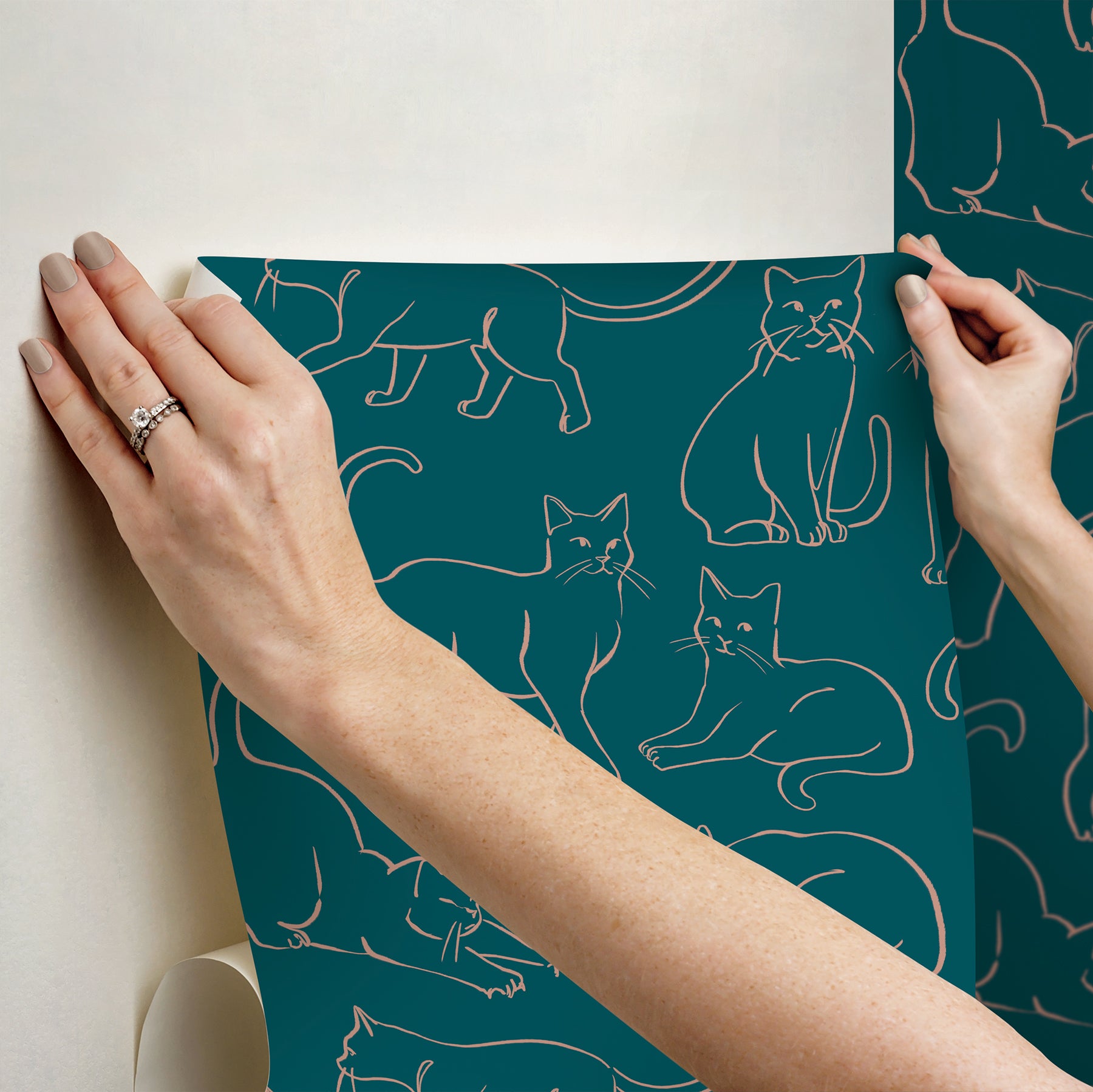 Cat Poses Emerald Peel and Stick Wallpaper - how to stick
