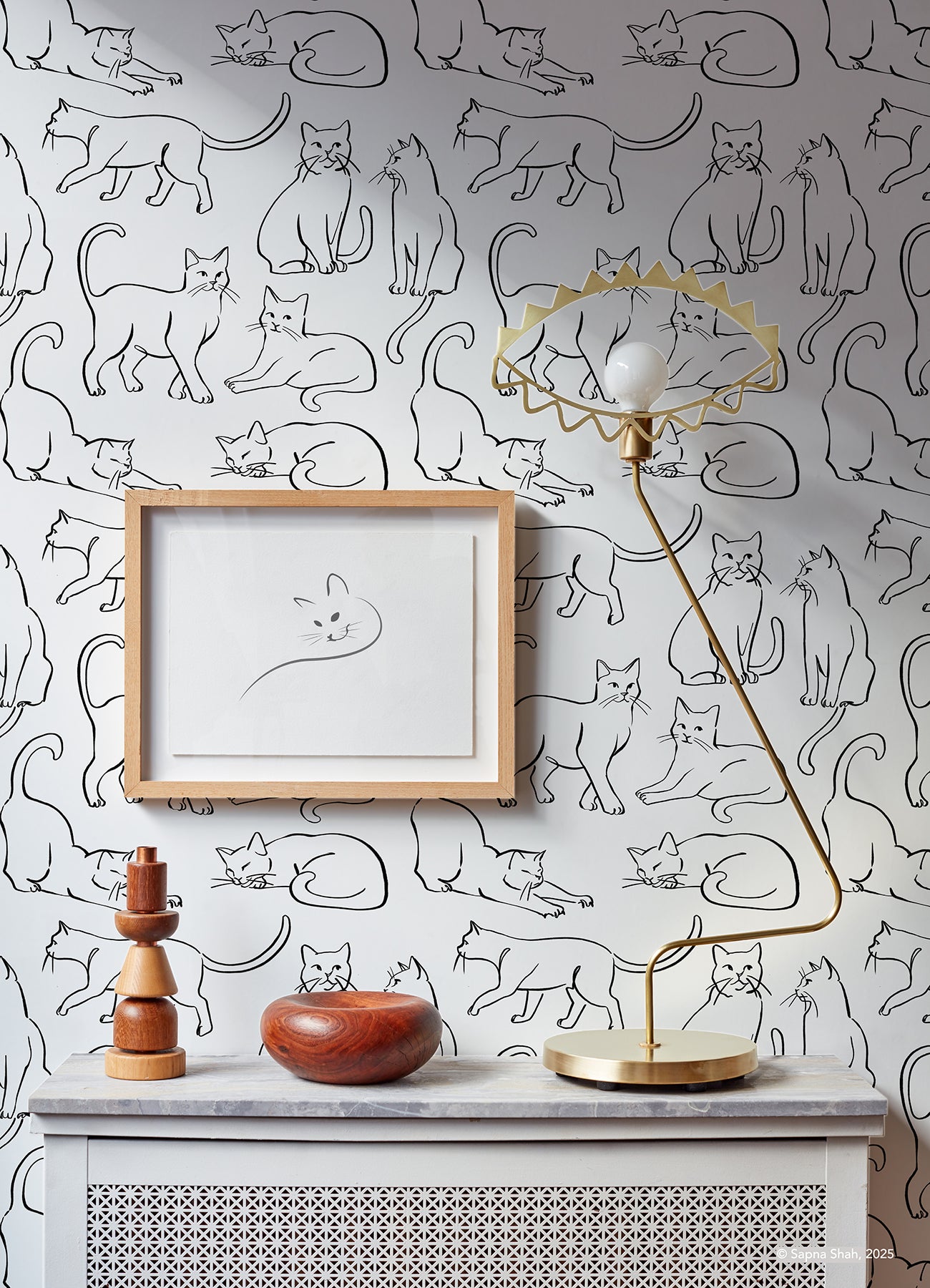 Cat Poses Black and White Peel and Stick Wallpaper in a room setting
