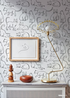 Cat Poses Black and White Peel and Stick Wallpaper in a room setting