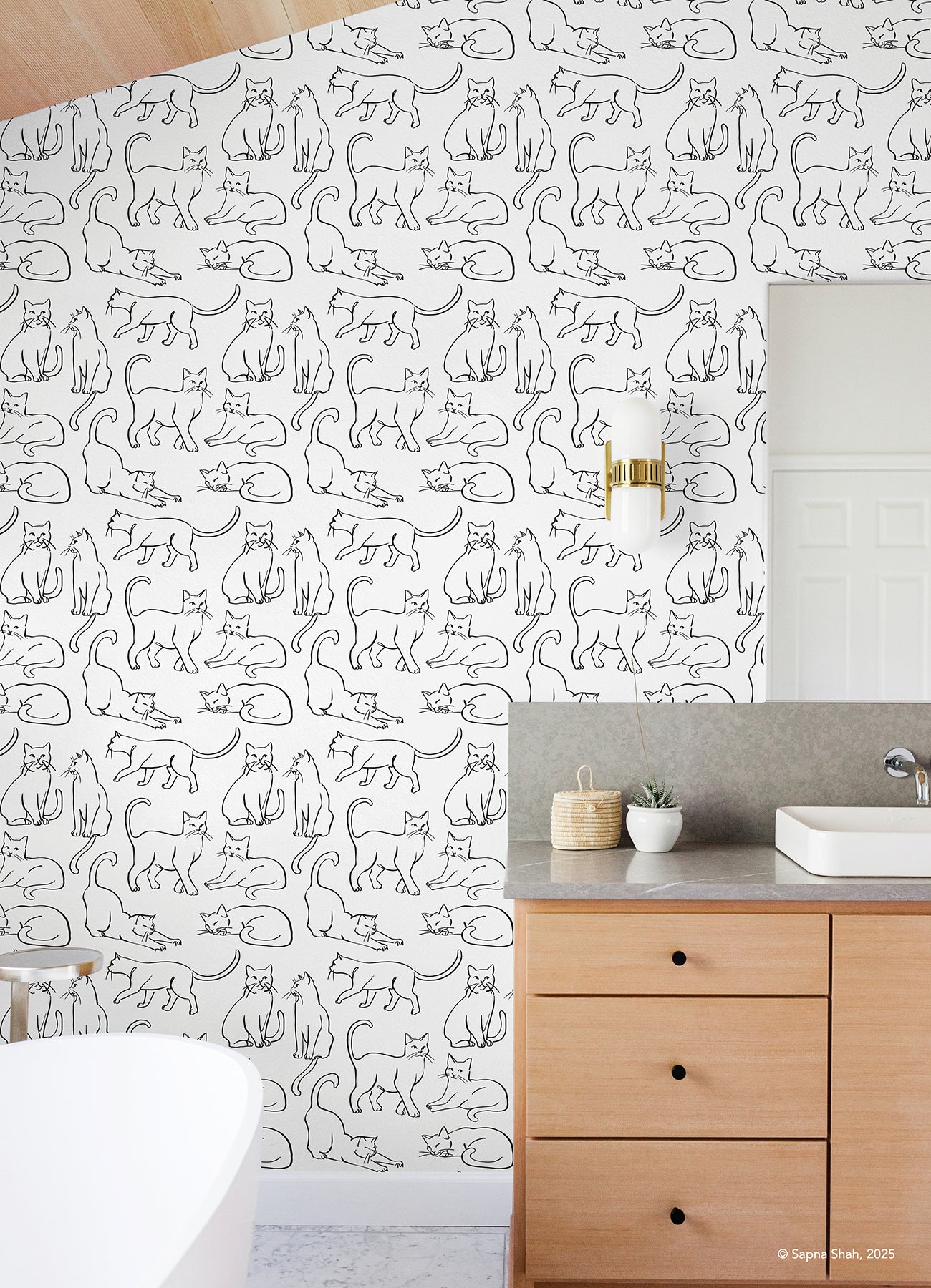 Cat Poses Black and White Peel and Stick Wallpaper in a room setting