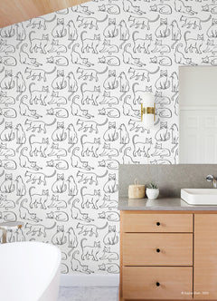 Cat Poses Black and White Peel and Stick Wallpaper in a room setting