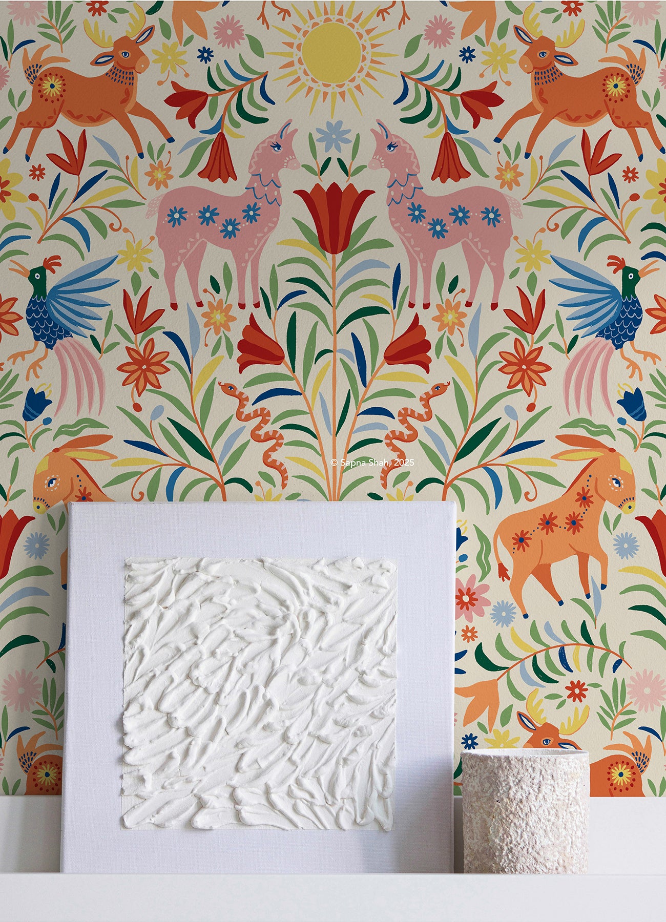 Whimsical Creatures Cream Peel and Stick Wallpaper in a room setting
